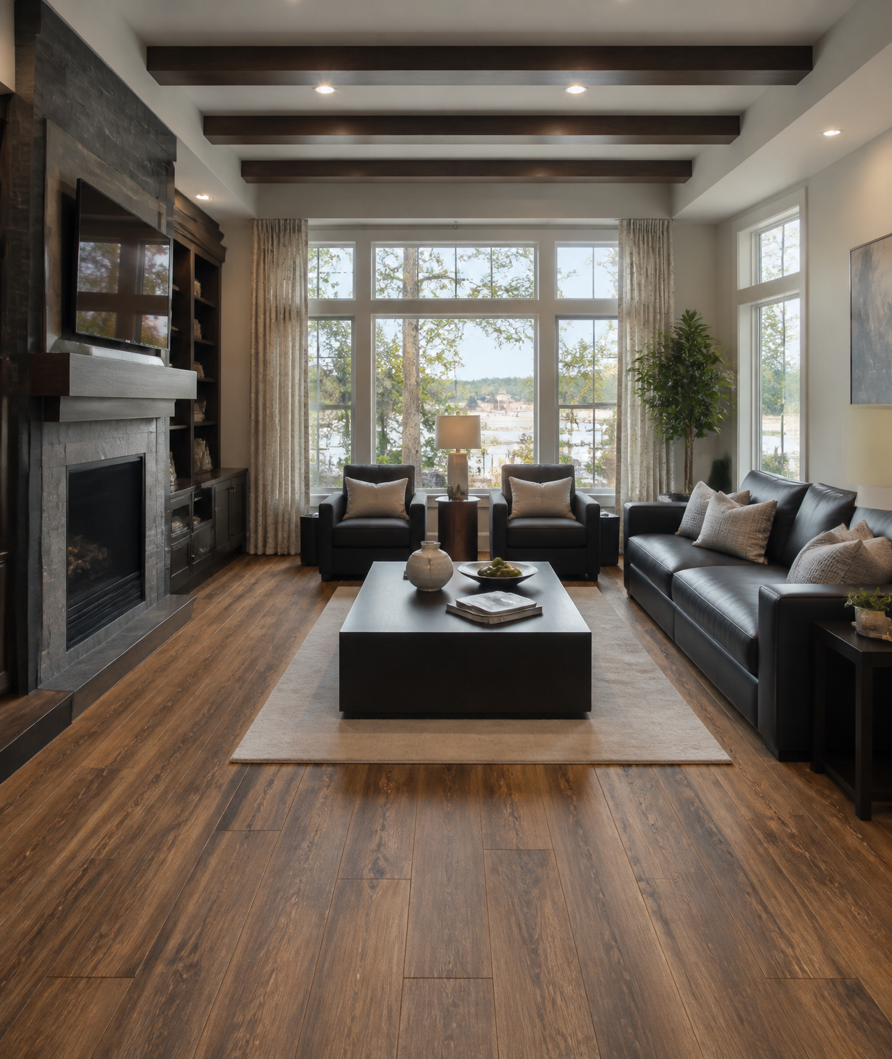 Living room with rich wood-look luxury vinyl plank flooring